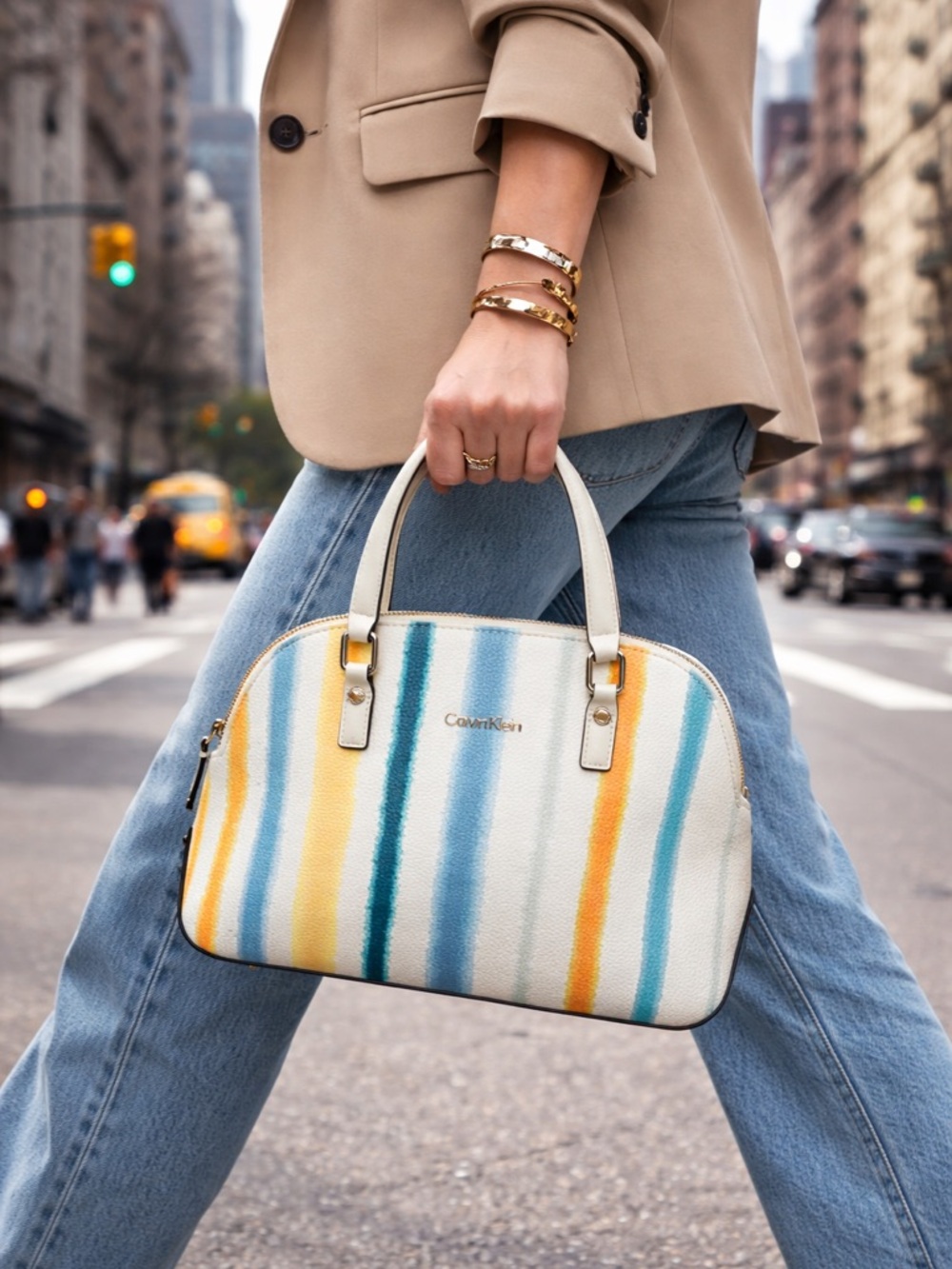 Calvin Klein Vegan Leather Striped Dome Satchel - Blue, Yellow & White
